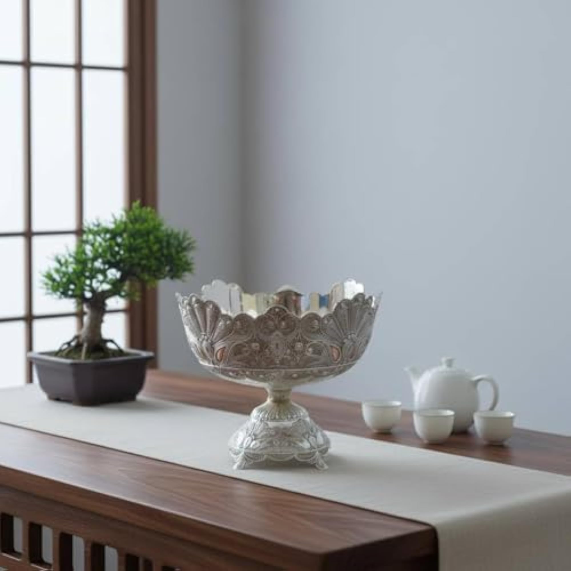 Metal Scalloped Pedestal Bowl, Floral Embossed Design